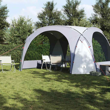 Zijaanzicht van de vidaXL partytent in wit en grijs, met opgezette stoelen en tafel.