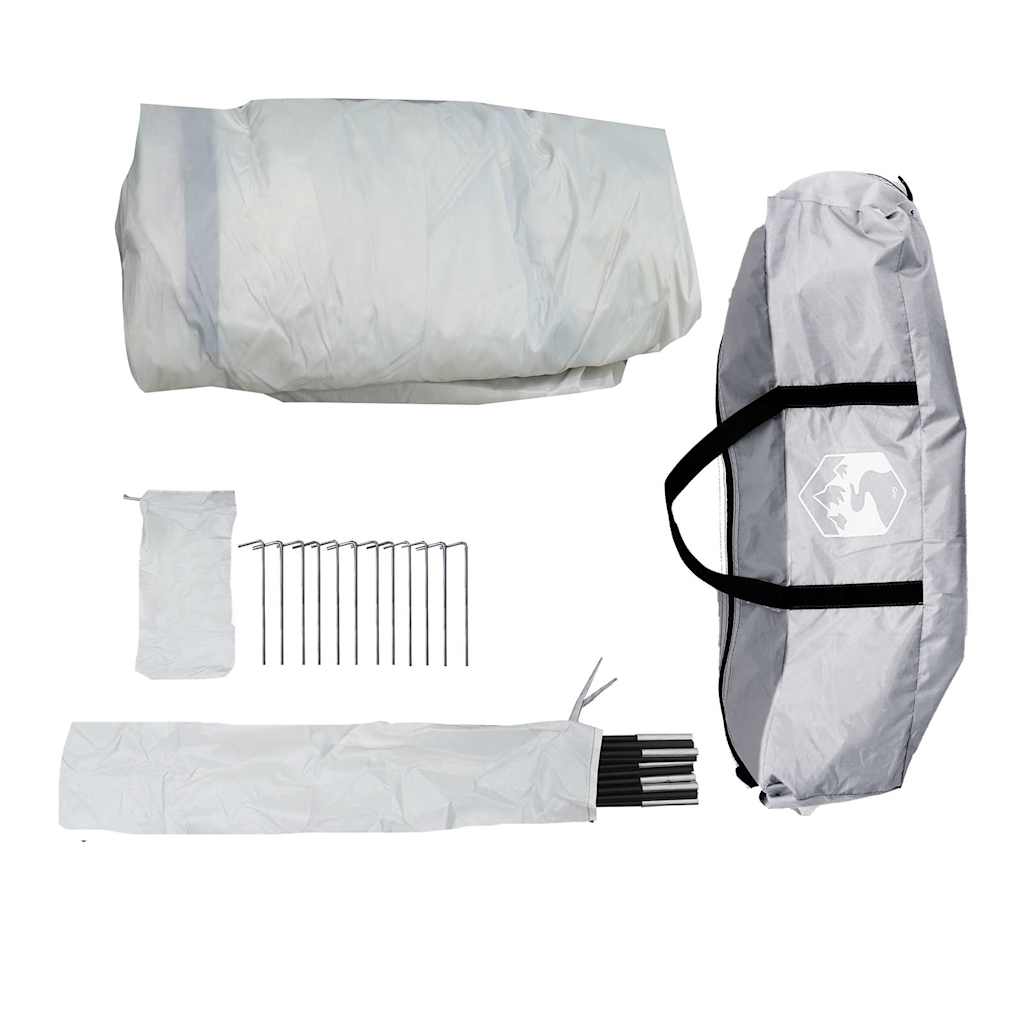 Detail van de vidaXL partytent met opbergzak, stokken en haringen in wit en grijs.