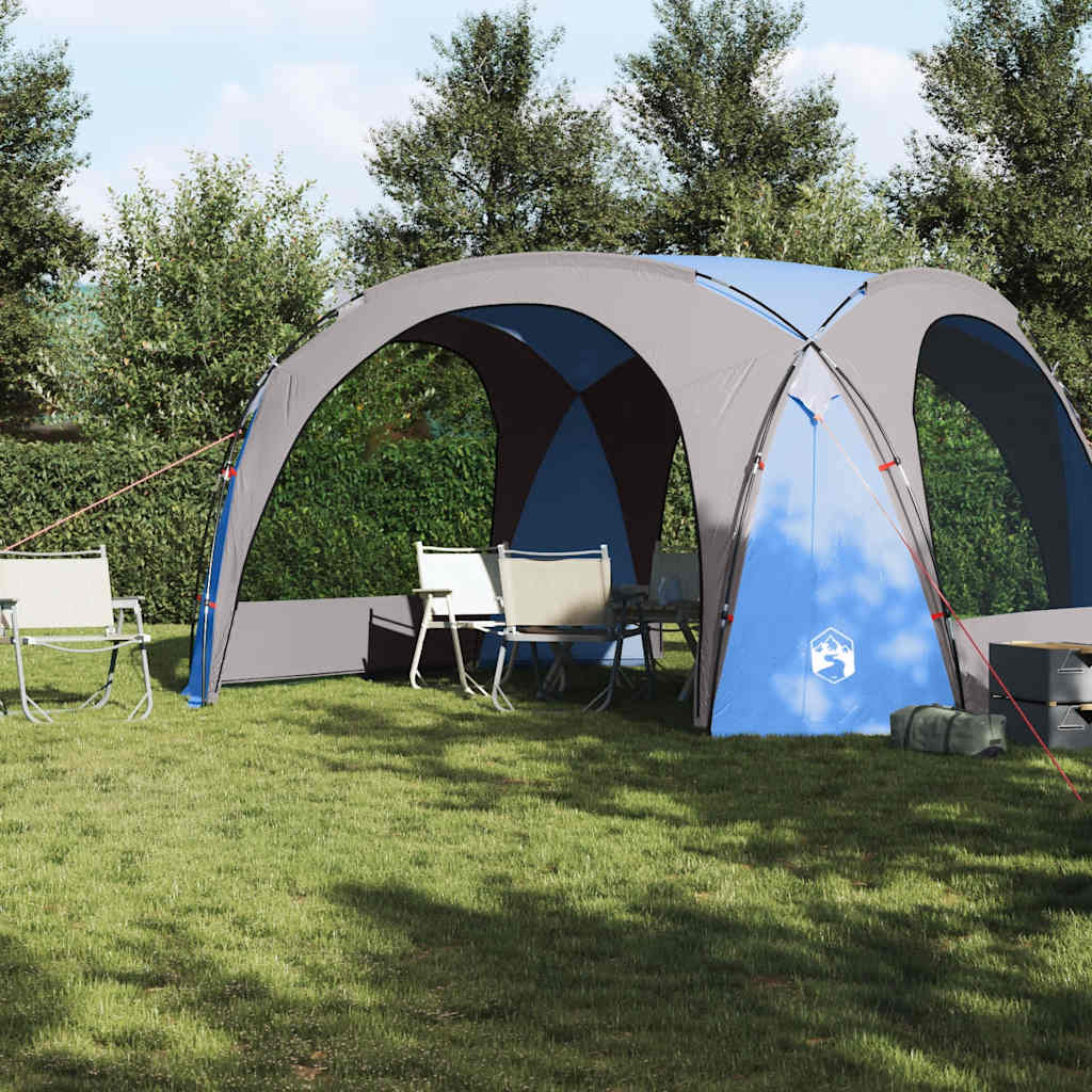 Detail van de vidaXL partytent in blauw en grijs, met open zijwanden en stoelen eronder.