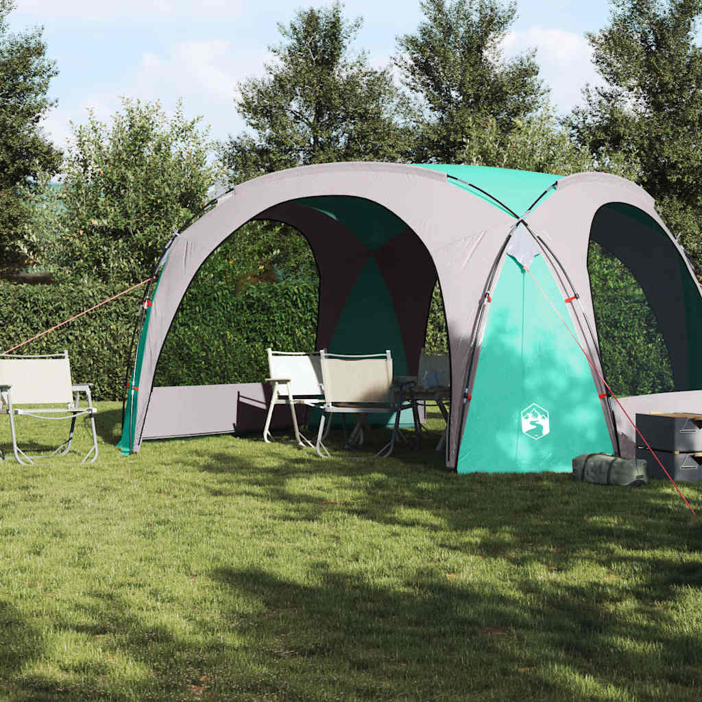 Zijaanzicht van de groene vidaXL partytent met open zijkanten en zitplaatsen eronder.