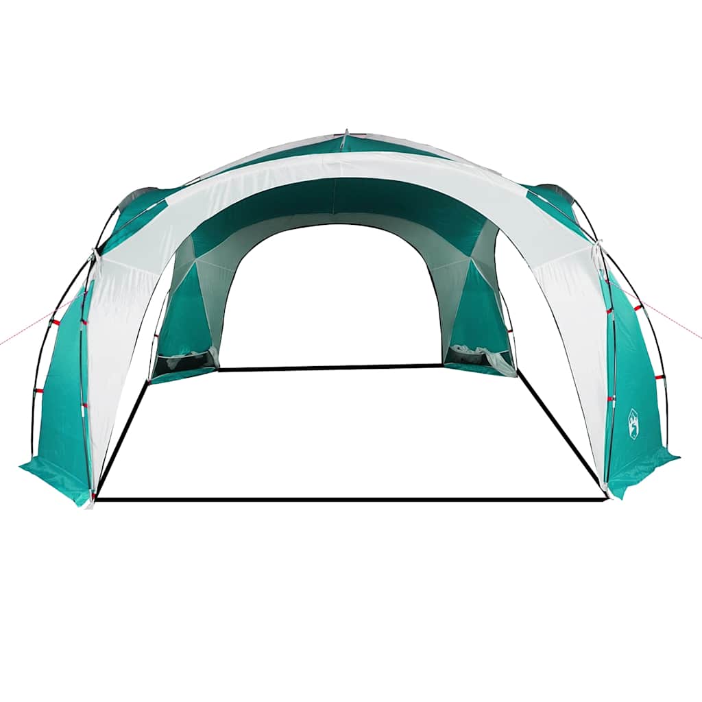 Zijaanzicht van de vidaXL waterdichte partytent in groen en wit, met open ingang.