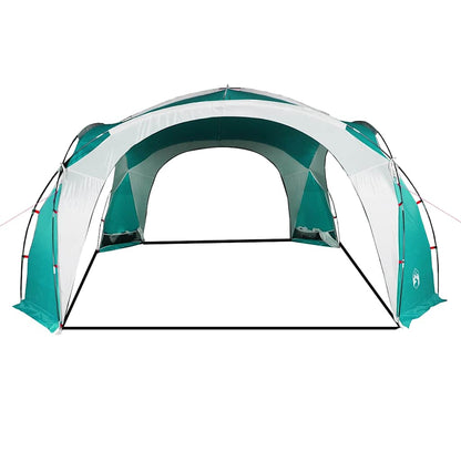 Zijaanzicht van de vidaXL waterdichte partytent in groen en wit, met open ingang.