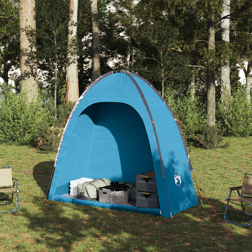 Detail van de vidaXL opbergtent in blauw, met opbergruimte voor kampeerspullen.