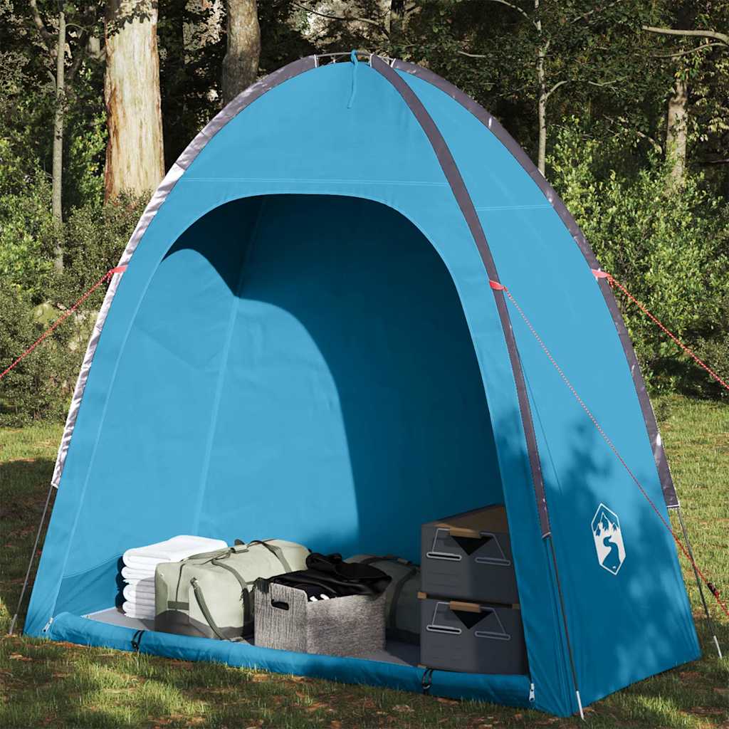 Blauwe vidaXL opbergtent, waterdicht, met kampeerspullen binnenin.
