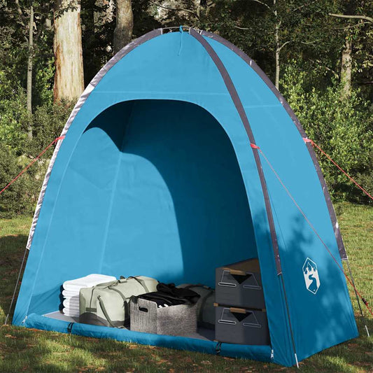 Blauwe vidaXL opbergtent, waterdicht, met kampeerspullen binnenin.