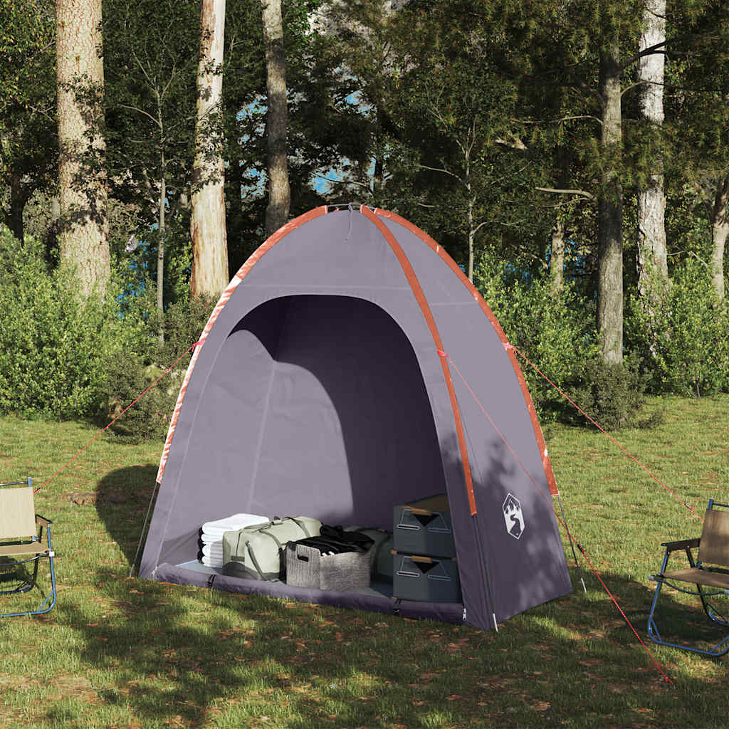 Zijaanzicht van de vidaXL opbergtent in grijs en oranje, met opbergruimte voor kampeerspullen.