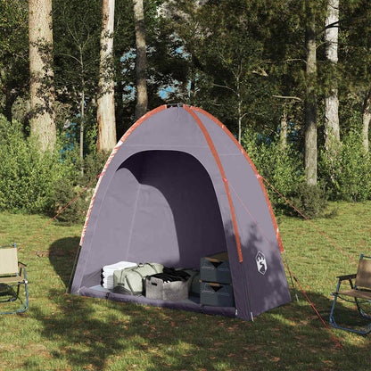 Zijaanzicht van de vidaXL opbergtent in grijs en oranje, met opbergruimte voor kampeerspullen.