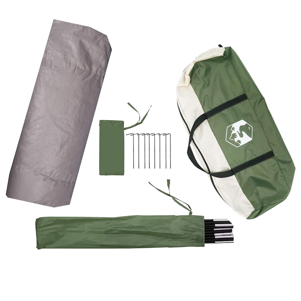 Detail van de vidaXL opbergtent met stokken en accessoires in groen en grijs.