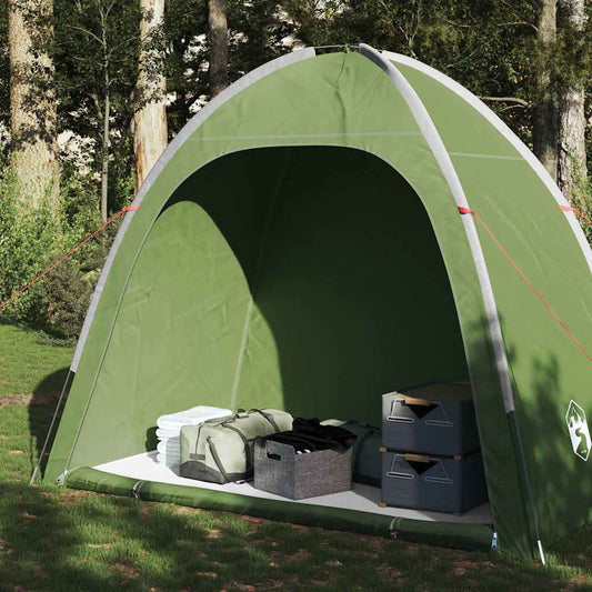 vidaXL opbergtent in groen, waterdicht ontwerp met opbergdozen en campinguitrusting binnenin.