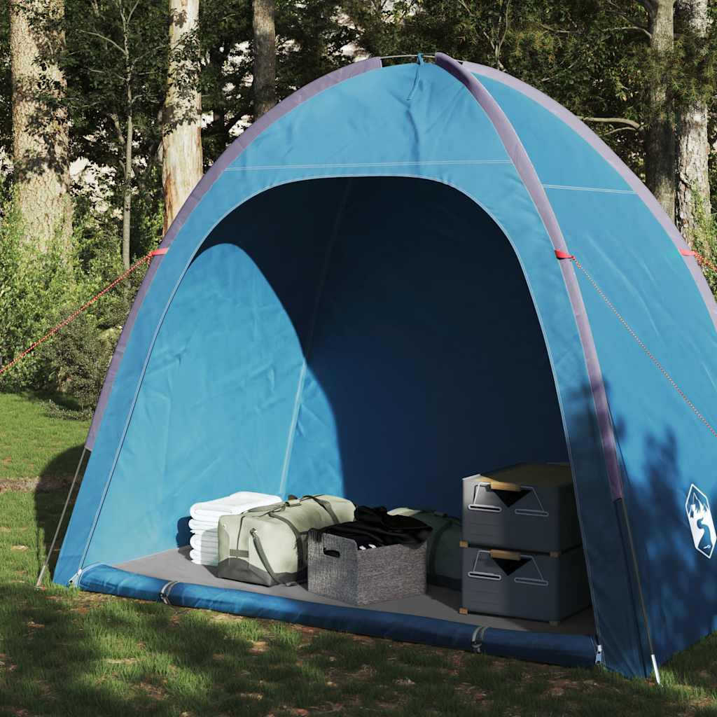 Blauwe vidaXL opbergtent, waterdicht, met georganiseerde spullen binnenin.