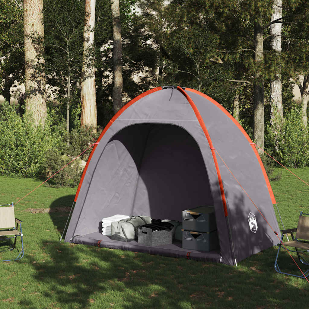 Zijaanzicht van de vidaXL opbergtent in grijs en oranje, met opbergdozen binnenin.