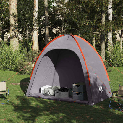 Zijaanzicht van de vidaXL opbergtent in grijs en oranje, met opbergdozen binnenin.
