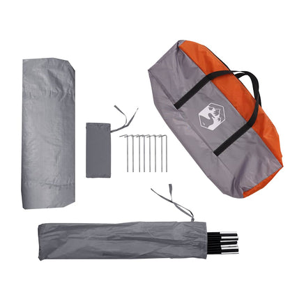 Detail van de vidaXL opbergtent met grijze en oranje tas en accessoires.