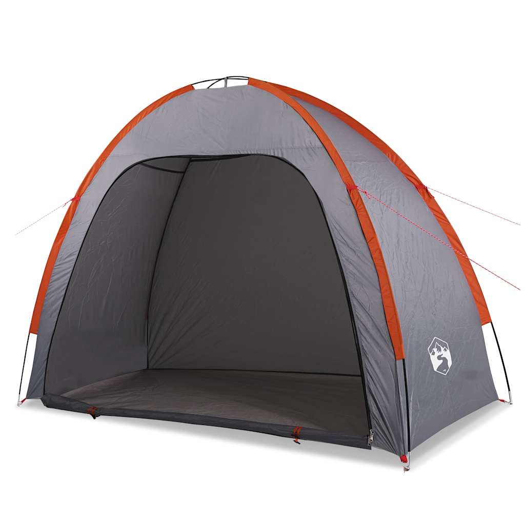 Detail van de vidaXL opbergtent in grijs met oranje accenten, zijaanzicht zonder opbergbenodigdheden.