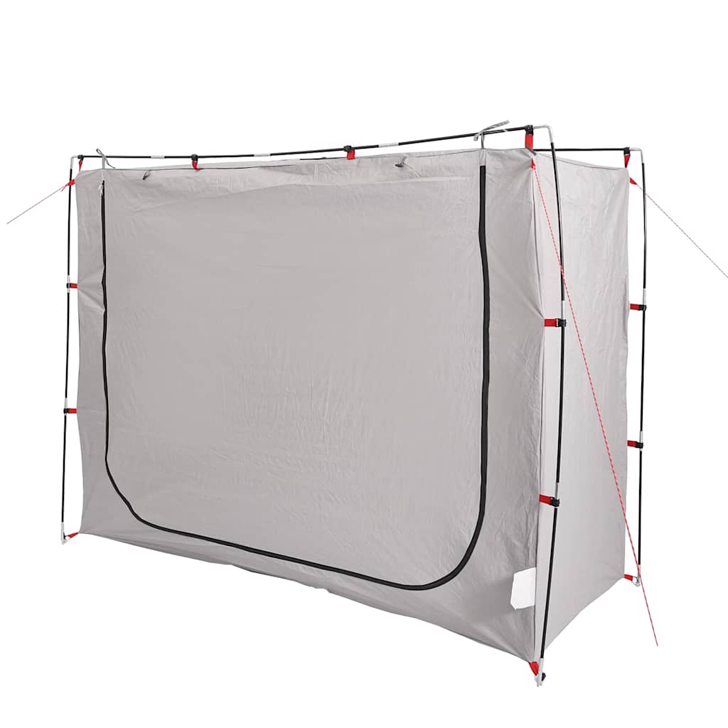 Zijaanzicht van de vidaXL waterdichte opbergtent in grijs, met stevige stokken en bevestigingslijnen.