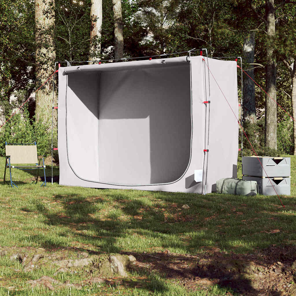 Zijaanzicht van de vidaXL waterdichte opbergtent in grijs, opgesteld in de natuur.