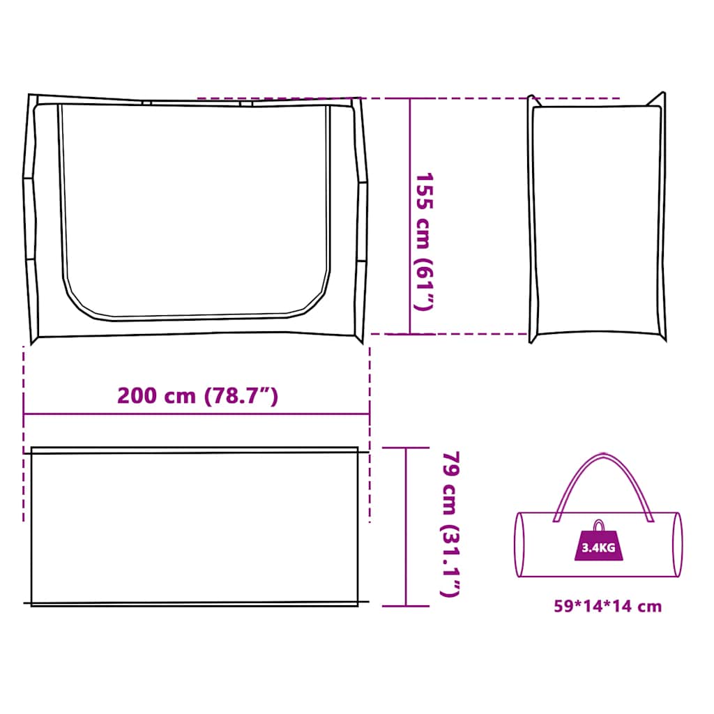 Detailweergave van de afmetingen van de vidaXL waterdichte opbergtent in grijs.