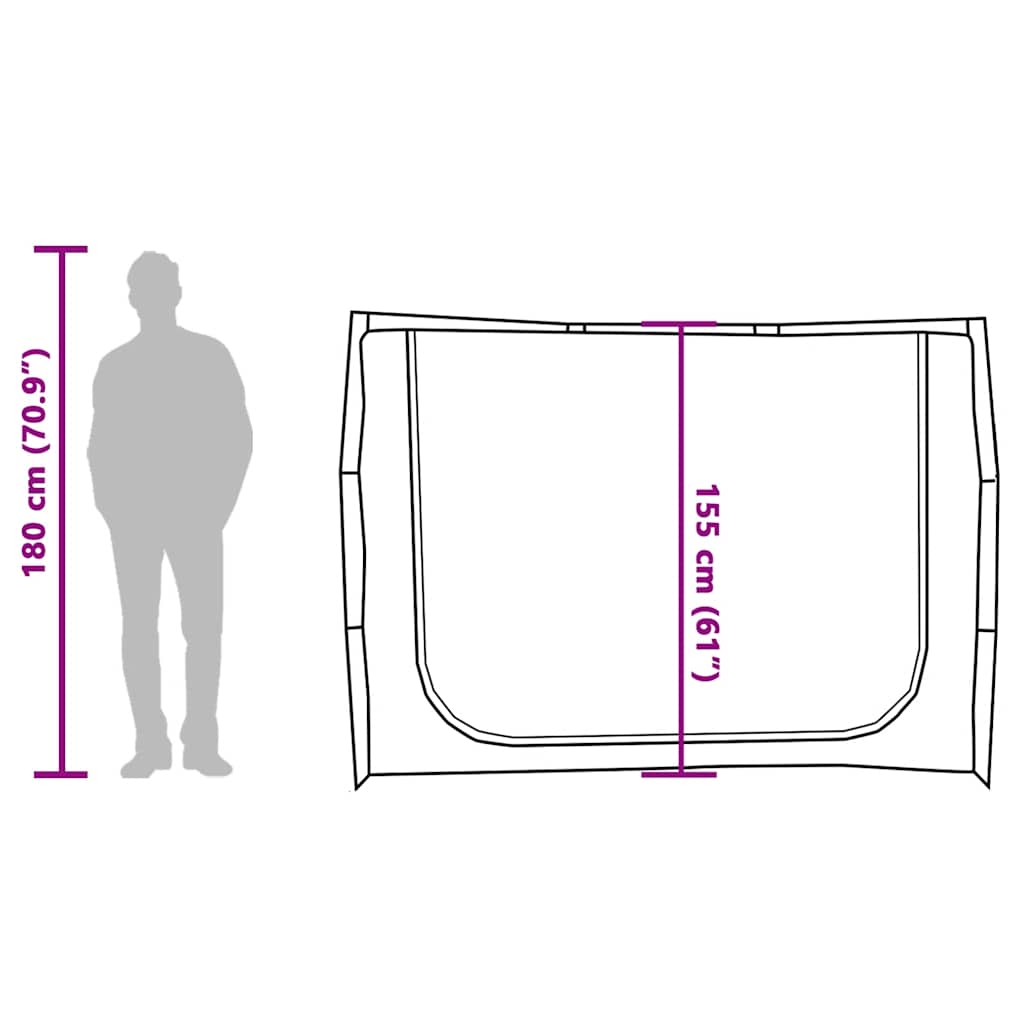 Detailafbeelding van de vidaXL opbergtent met afmetingen en zijaanzicht.