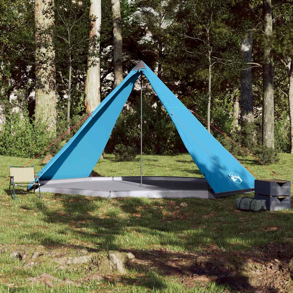 Detail van de vidaXL Tipitent in blauw, met open zijaanzicht en tentdoek half opgezet.