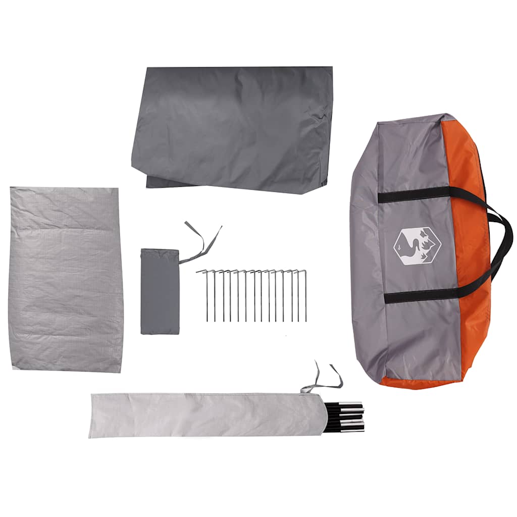 Detail van de grijs-oranje vidaXL tipitent met accessoires en haringen.