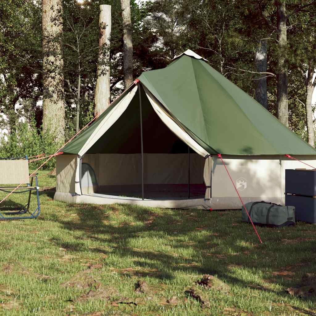 Zijaanzicht van de vidaXL 6-persoons tipitent in groen, met open ingang en tentstokken.