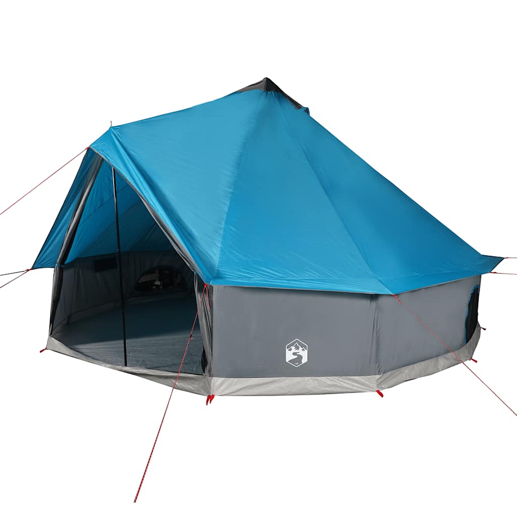 Zijaanzicht van de vidaXL 6-persoons tipitent in waterdicht blauw met grijze details.