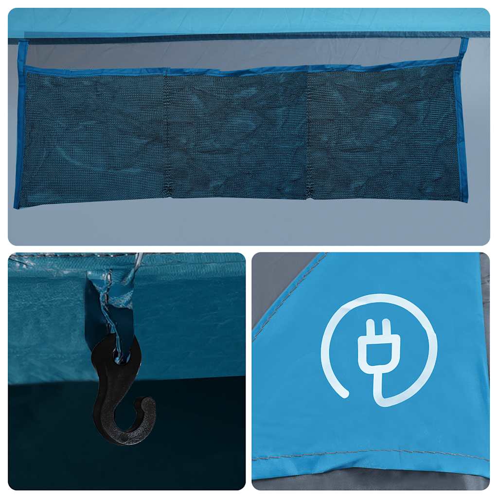 Detail van de E-port en opbergvak van de vidaXL 6-persoons tipitent in blauw.