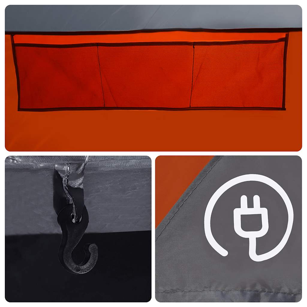 Detail van de handige E-port en opbergvak van de vidaXL Tipitent in grijs en oranje.