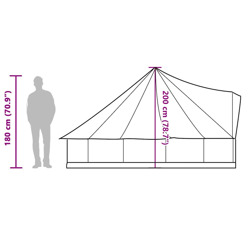 Zijaanzicht van de vidaXL Tipitent met afmetingen en hoogte-indicatie voor 6 personen.