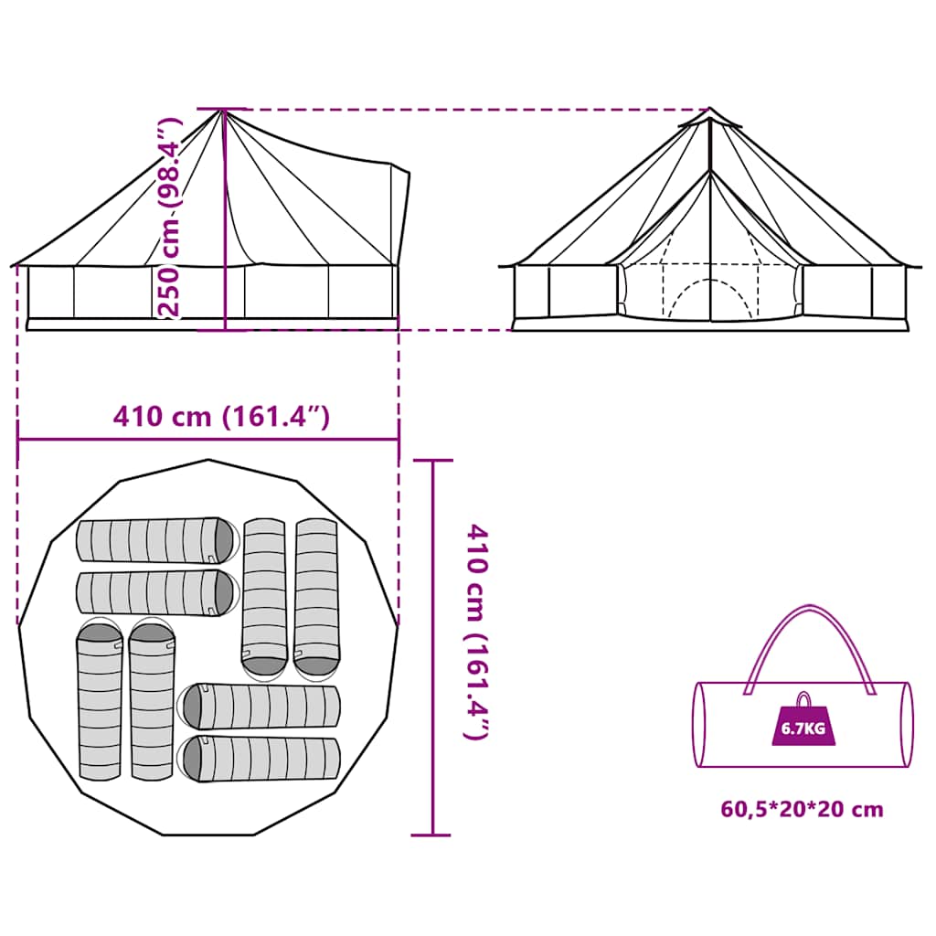 Detail van de afmetingen en indeling van de vidaXL 8-persoons tipitent in groen.