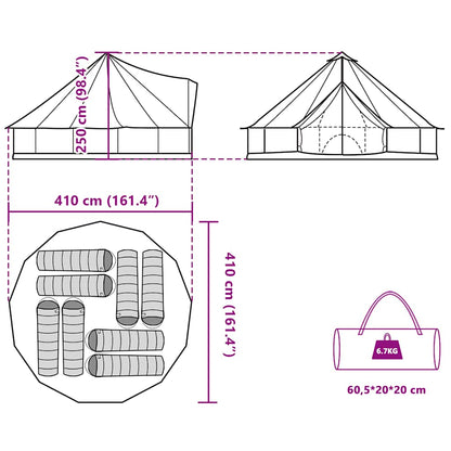 Detail van de afmetingen en indeling van de vidaXL 8-persoons tipitent in groen.