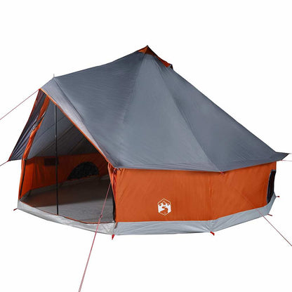 Zijaanzicht van de vidaXL tipitent in grijs en oranje, met open ingang en ventilatieroosters.
