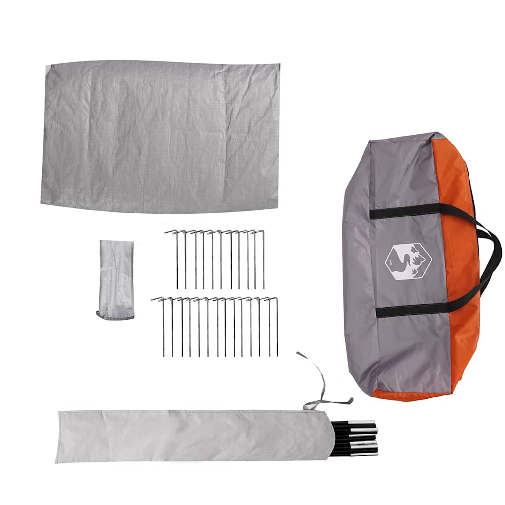 Detail van de grijze en oranje tentaccessoires, inclusief haringen en opbergtas van vidaXL.
