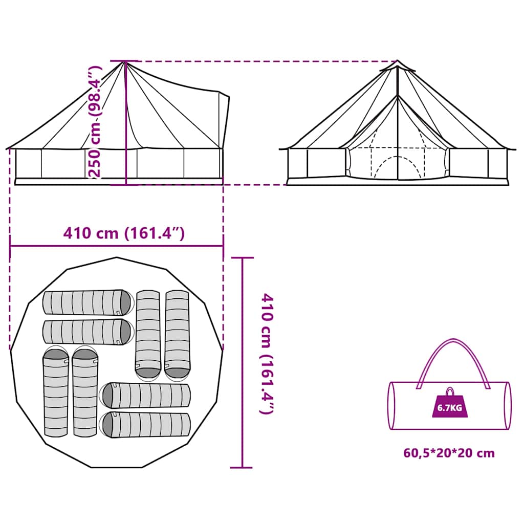 Detailweergave van de afmetingen en indeling van de vidaXL 8-persoons tipitent.