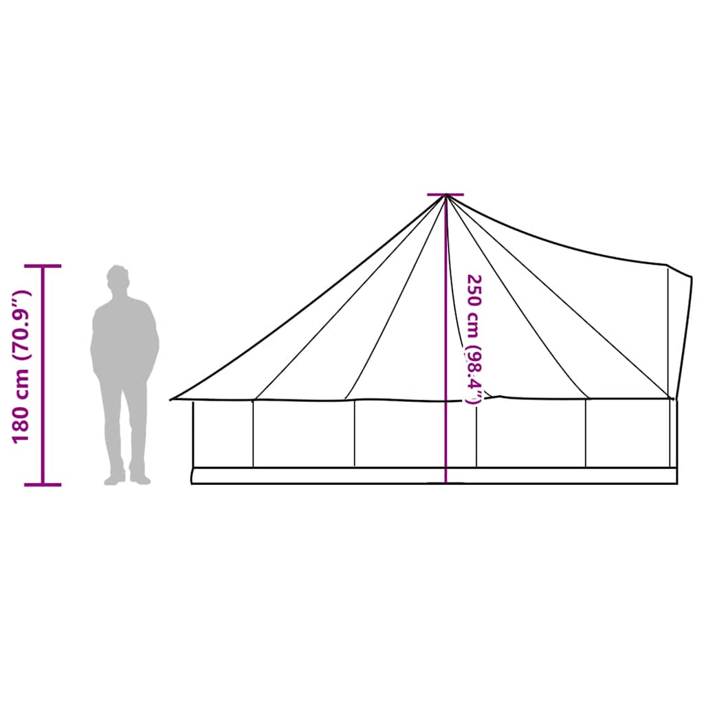 Zijaanzicht van de vidaXL tipitent met afmetingen en een silhouet van een persoon voor schaal.