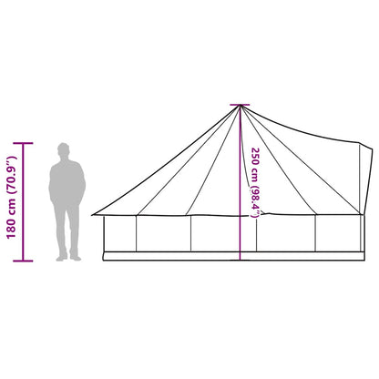 Zijaanzicht van de vidaXL tipitent met afmetingen en een silhouet van een persoon voor schaal.