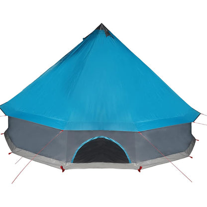 Zijaanzicht van de vidaXL 12-persoons tipitent in waterdicht blauw met ventilatieopening.