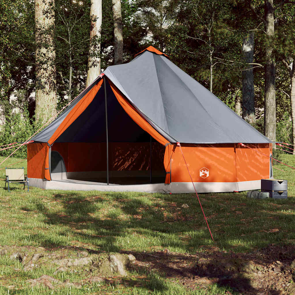 Zijaanzicht van de vidaXL tipitent in grijs en oranje, met open ingangen en een ruime binnenruimte.