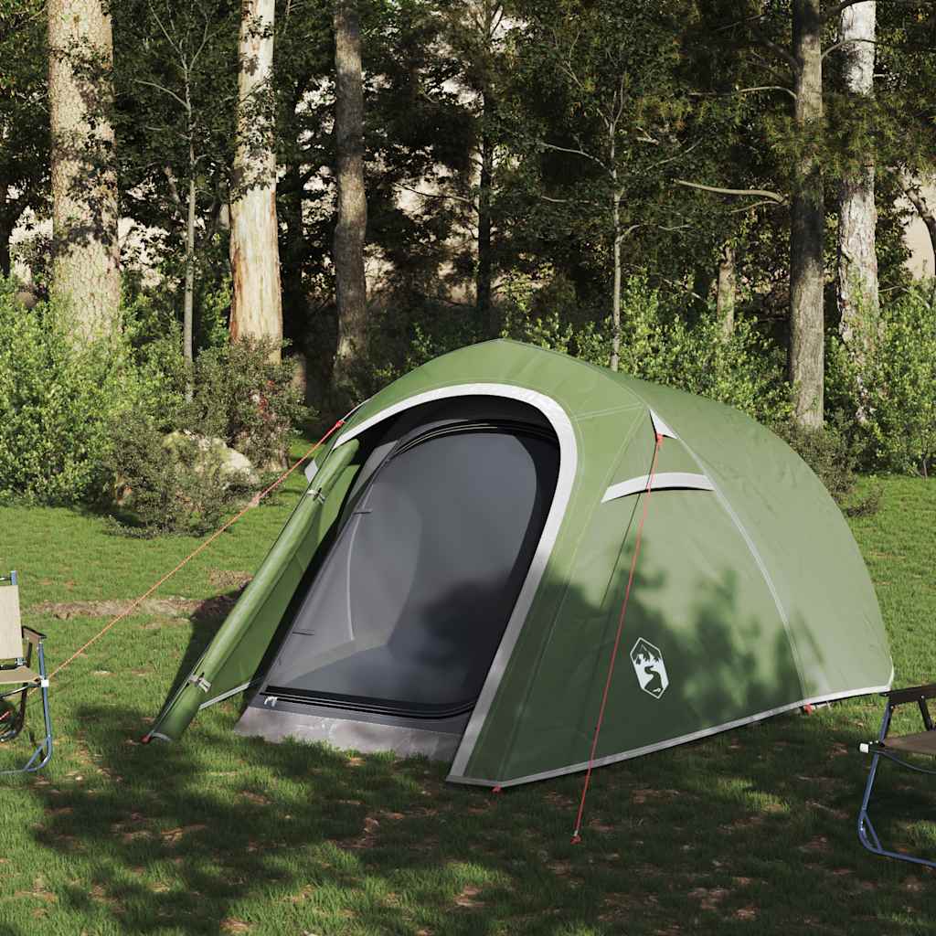 Detail van de groene vidaXL tunneltent met open ingang in een bosrijke omgeving.