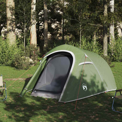 Detail van de groene vidaXL tunneltent met open ingang in een bosrijke omgeving.