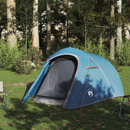 Detail van de blauwe vidaXL tunneltent met ingang, geplaatst in een groene omgeving.