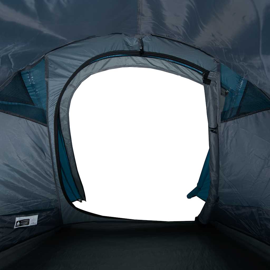 Detail van de ingang van de vidaXL tunneltent met blauw en grijs interieur.