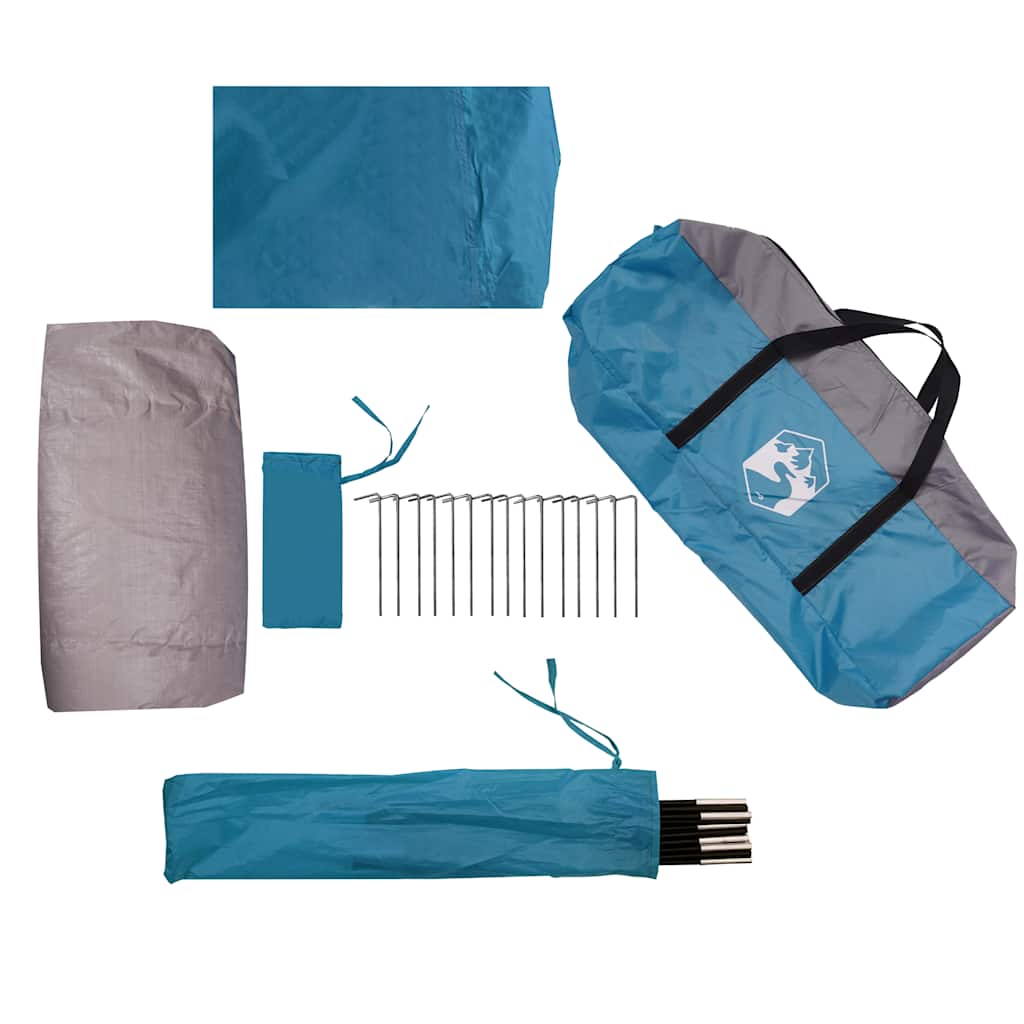 Detail van de accessoires van de vidaXL 3-persoons tunneltent in blauw, inclusief stokken en haringen.