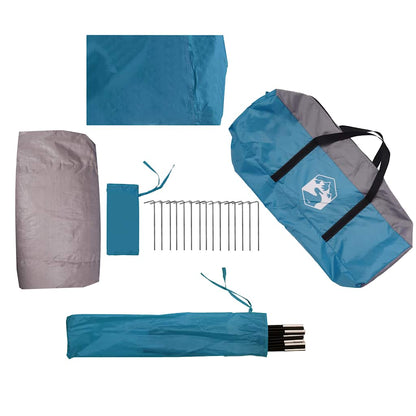 Detail van de accessoires van de vidaXL 3-persoons tunneltent in blauw, inclusief stokken en haringen.