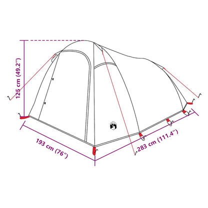 Technische tekening van de vidaXL 3-persoons tunneltent met afmetingen en ontwerpdetails.