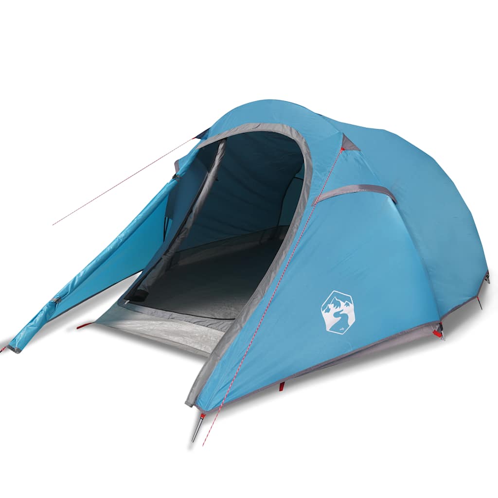 Zijaanzicht van de vidaXL tunneltent in blauw met open ingang en waterdichte bekleding.