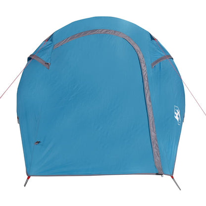 Detail van de blauwe vidaXL 3-persoons tunneltent, zijaanzicht met ventilatieopeningen.