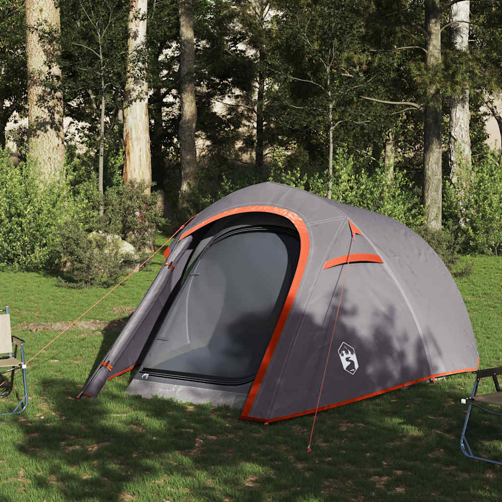 Detail van de vidaXL 3-persoons tunneltent in grijs met oranje accenten, zijaanzicht.