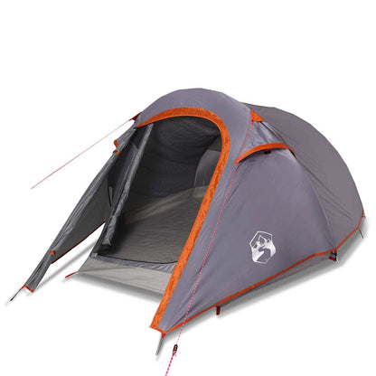 Detail van de vidaXL 3-persoons tunneltent in grijs met oranje accenten, zijaanzicht.