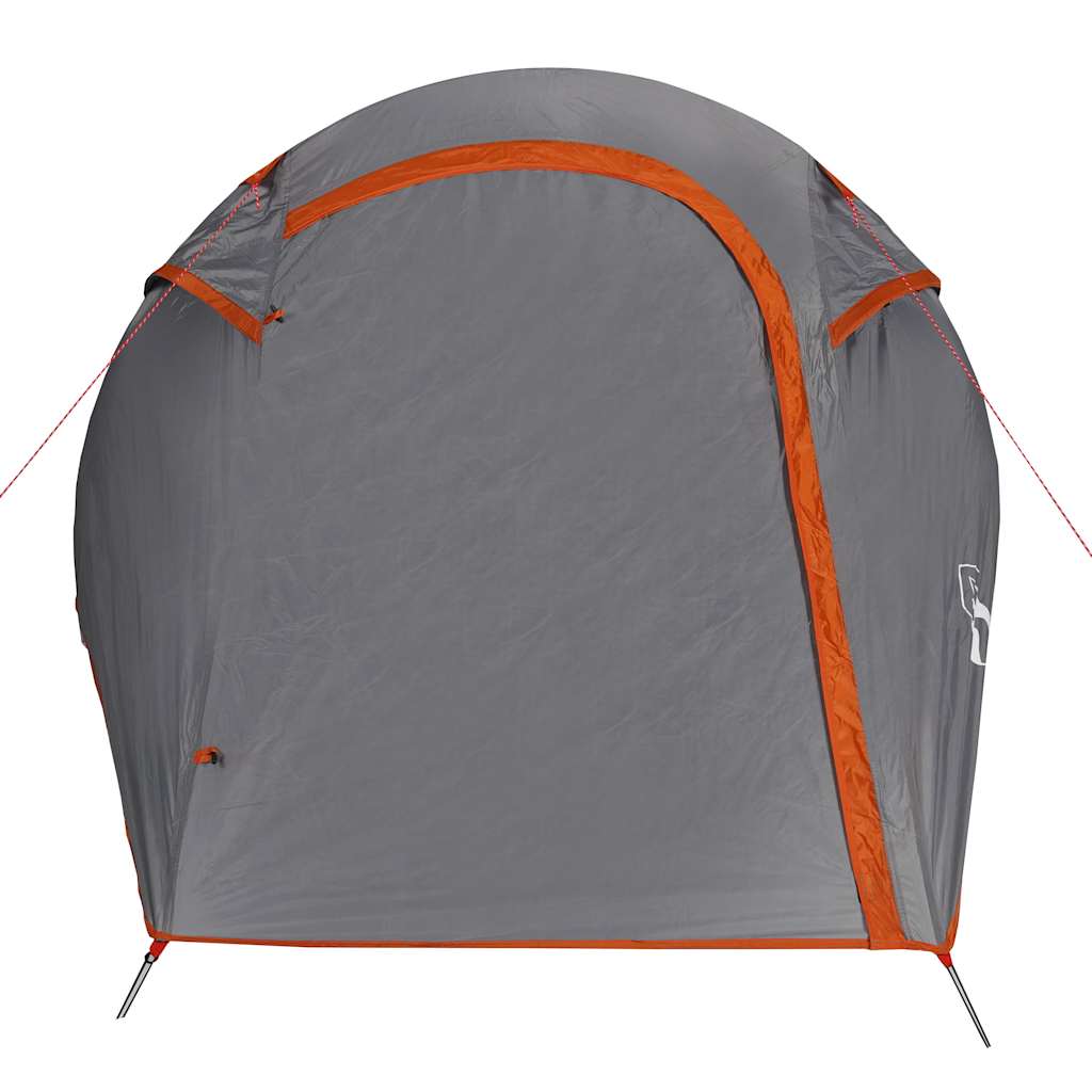 Detail van de grijs-oranje vidaXL tunneltent met waterdichte ingang en ventilatieopeningen.